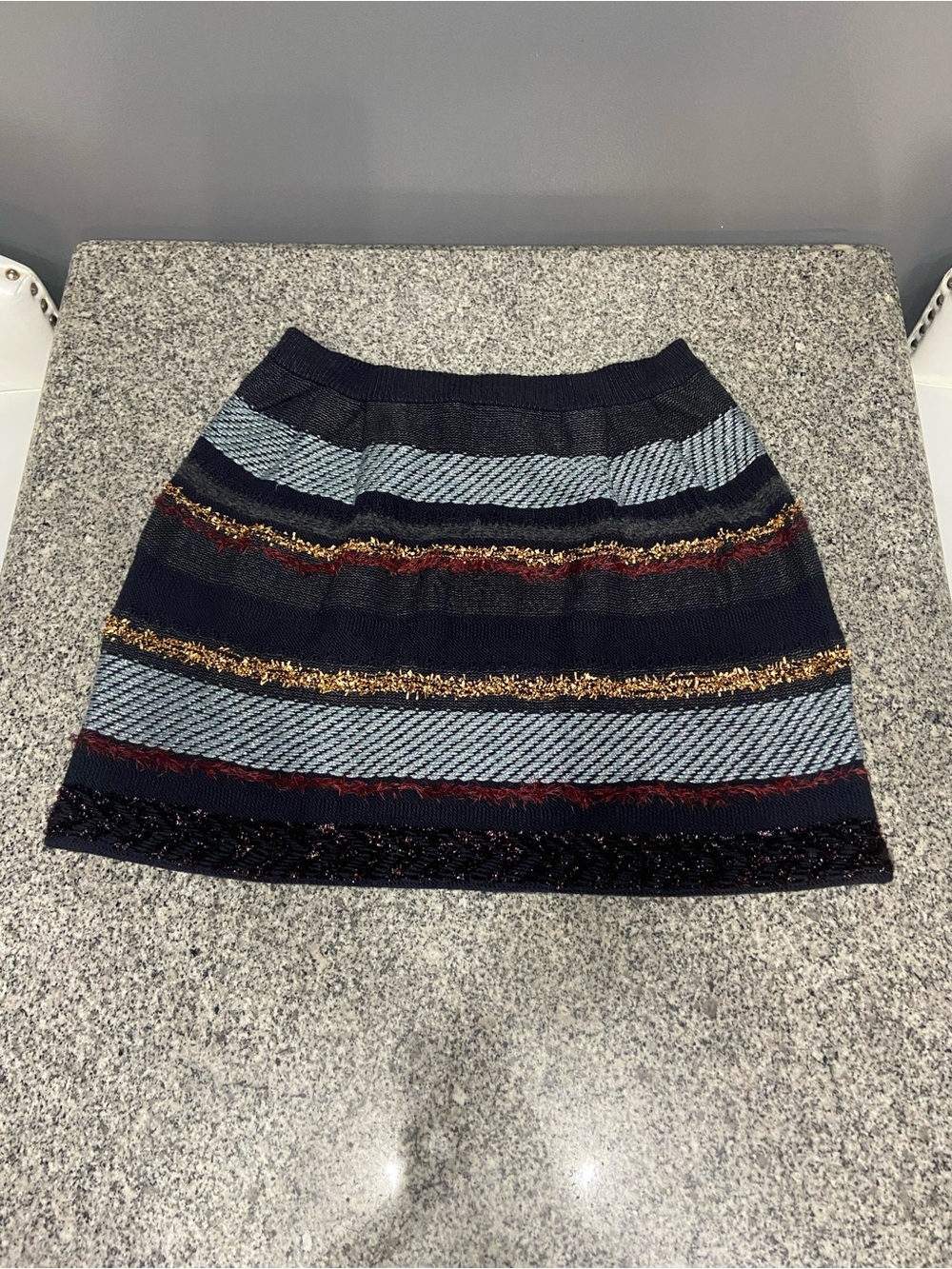 TORY BURCH Navy Multi-Stripe Knit Wool Blend Mini Skirt Size M Metallic Fringe
